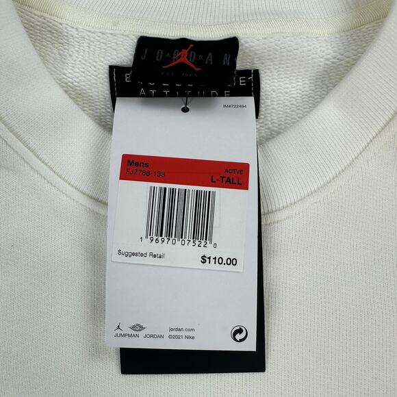 Jordan Sweatshirt Mens Large Tall White Crewneck Pullover FJ7788-133 New Cotton - Picture 6 of 10
